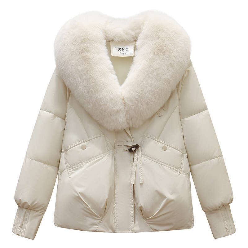 Winter New Style Large Fur Collar Cotton Jacket Women, Short Warm Thickened Anti-Fur Coat for Petite Figures