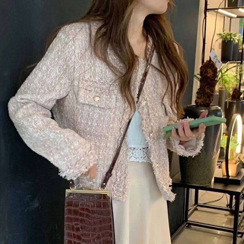 HMA New Fashion Korean Chic Vintage Tweed Woolen Jacket Coat Women Autumn Single Breasted Plaid Tassel Office Lady Outwear