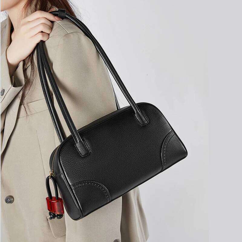 Toptrends Cowhide Genuine Leather Pillow Underarm Shoulder Bags For Women 2025 Designer Bowling Tote Work Ladies Handbags