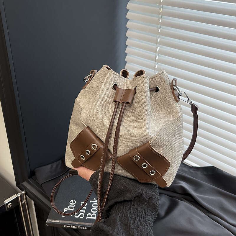 Personalized Simple Crossbody Bucket for Women 2025 Autumn New Korean Style Bowknot Fashion Designer Bags Drawstring Patchwork Shoulder Bag