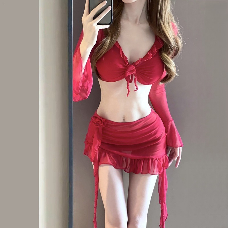 New Red Bikini Four-Piece Two-Piece High-End Sexy Pure Desire Internet Celebrity Small Chest Slimming Swimsuit for Women