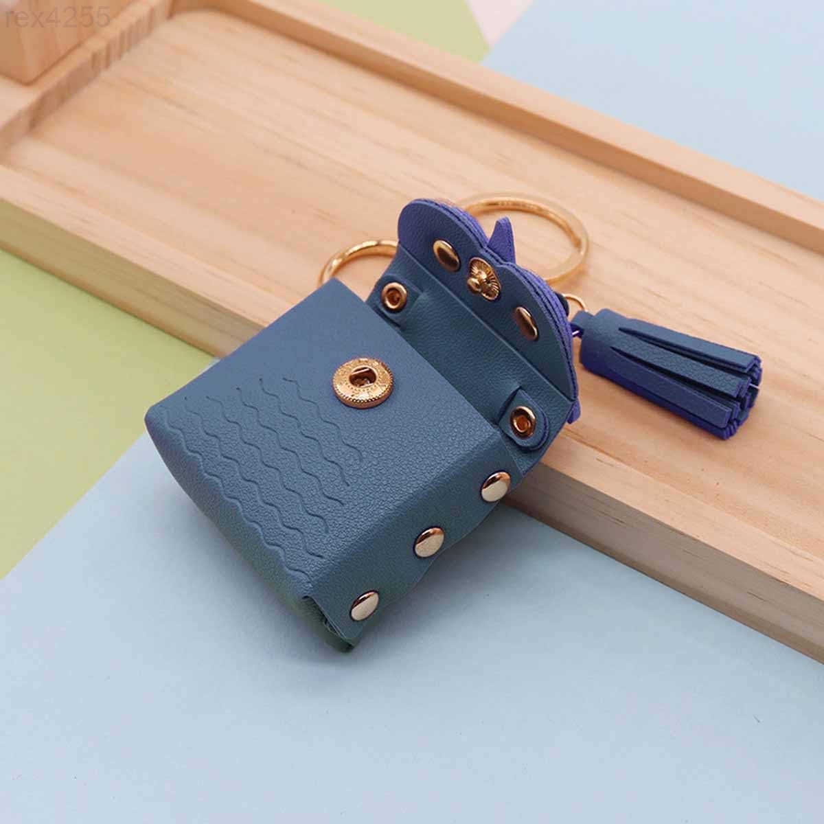 4 PCS Owl Mini Backpack Keychain PU Leather Owl Key Chain Cute Tassel Keyring Metal Snap Button Change Wallet Bags for Women Girl Small Cosmetic Bag D