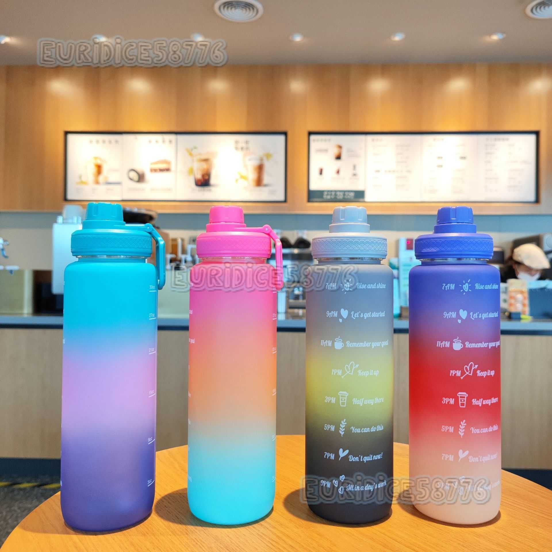 New Threecolor Gradient Frosted Plastic Water Bottle with Straight Drinking Portable Handle Sports Water Bottle 1000ml H250911
