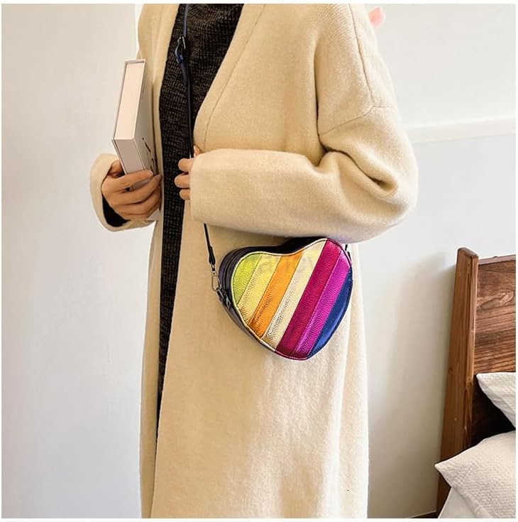 Rainbow Patchwork Heart Shaped Shoulder Crossbody Bag Adjustable Strap Trendy DesignW250911