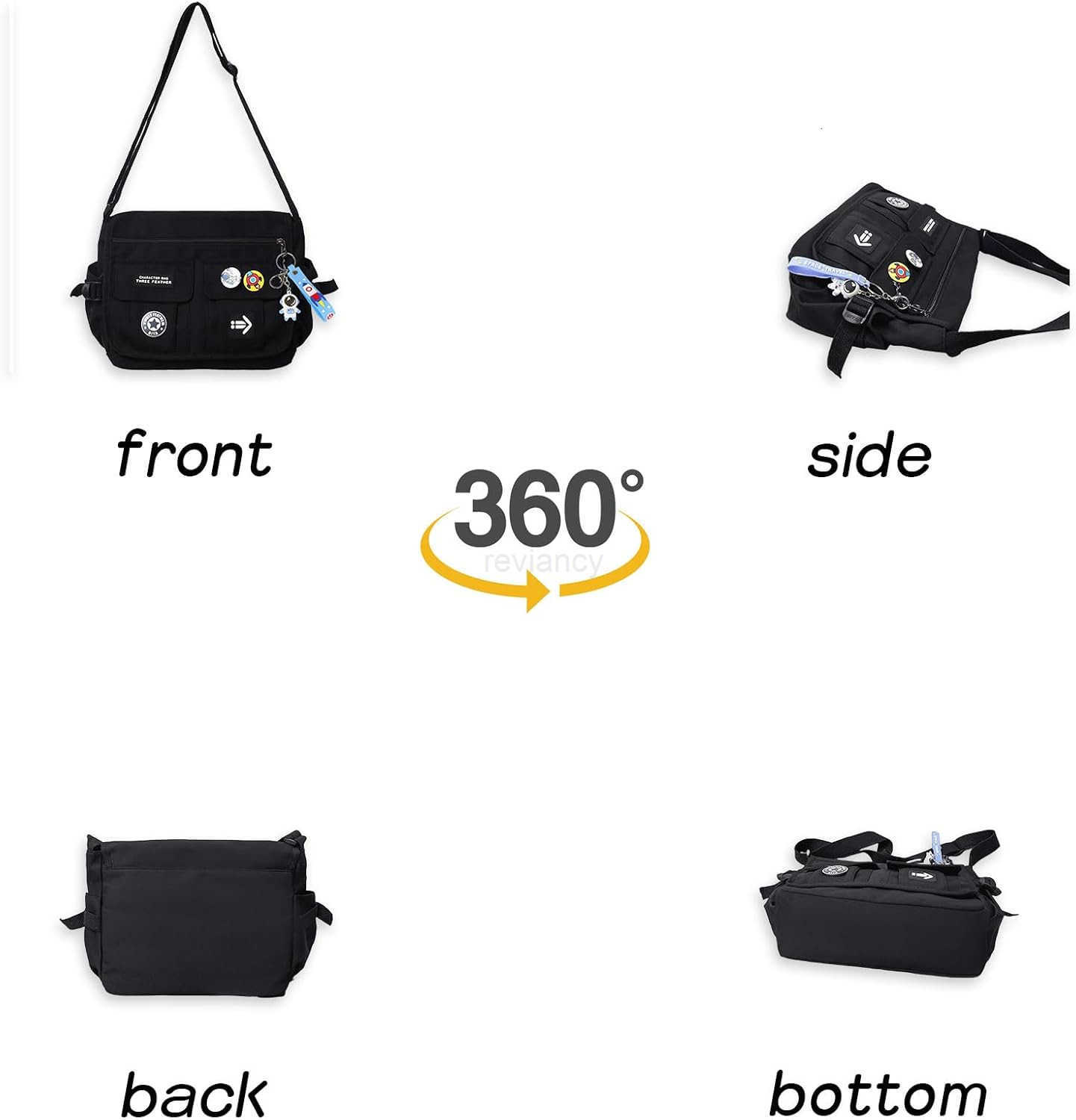 Fashion Crossbody Bag with Cute Accessories Nylon Casual Messenger Bag with Pendant Lightweight Handbag Travel Daypacks BlackW250911