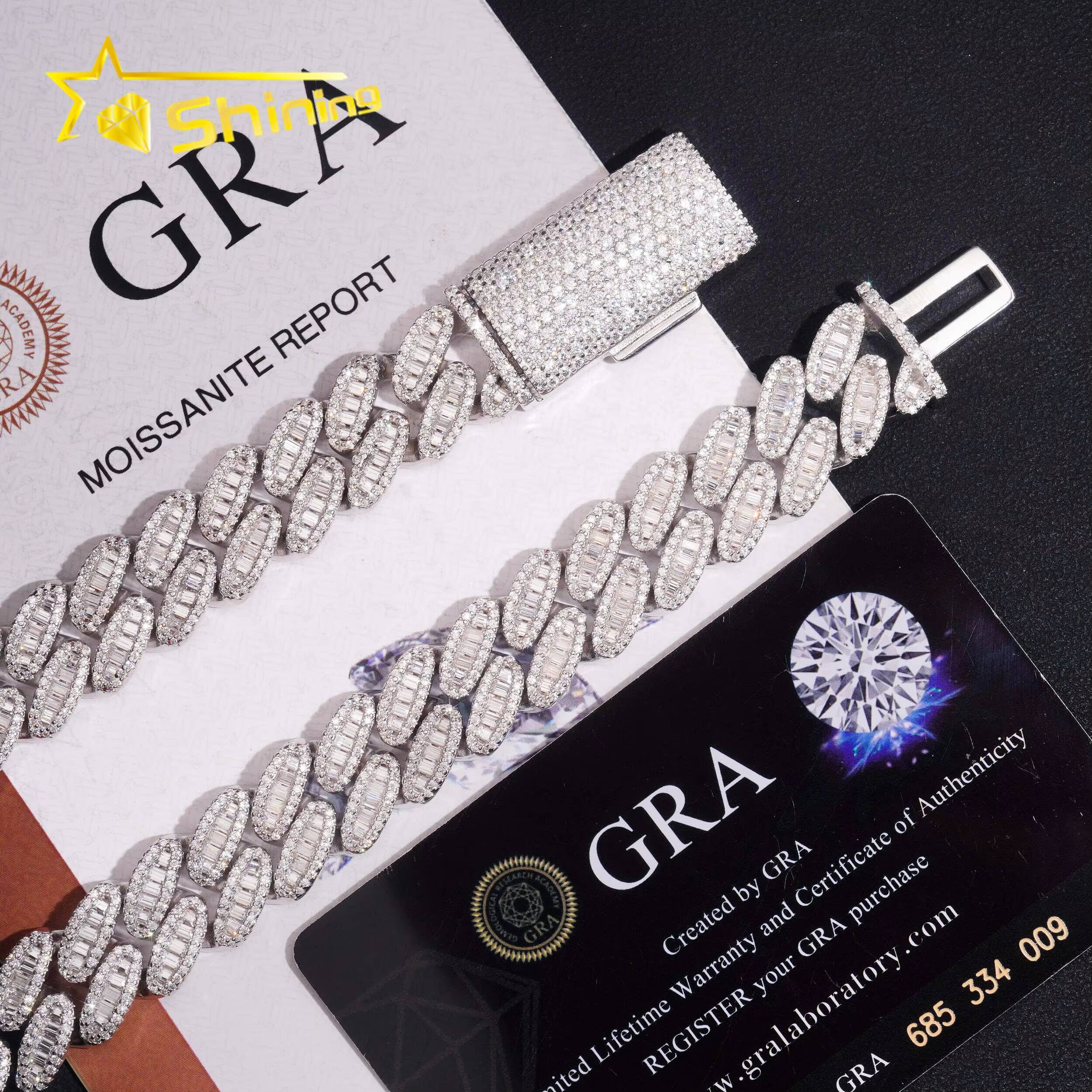 Pass Diamond Tester Men Jewelry Prong Setting Miami Iced Out Cuban Link Necklace 925 Silver 15MM VVS Baguette Moissanite Chain