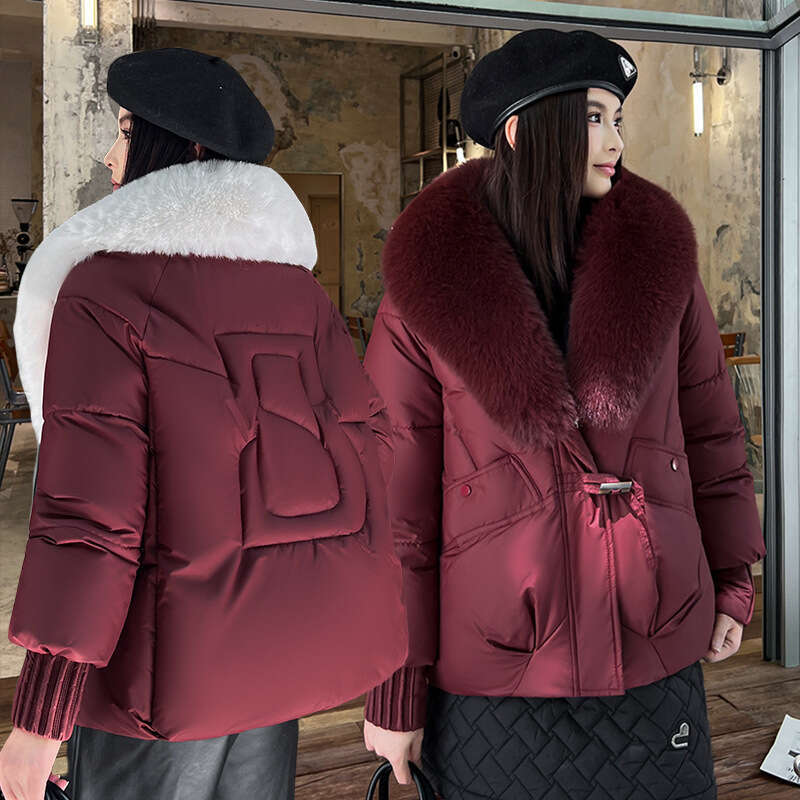 Winter New Style Large Fur Collar Cotton Jacket Women, Short Warm Thickened Anti-Fur Coat for Petite Figures
