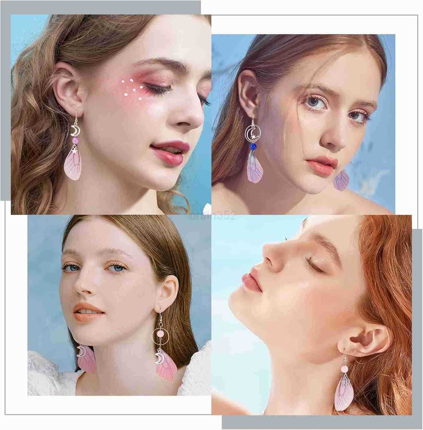 1 Box DIY 10 Pairs Butterfly Dragonfly Wing Earring Making Kits Moon Star Charms Fabric Wings Decoration Glass Beads with Jump Rings for Handmade Earr