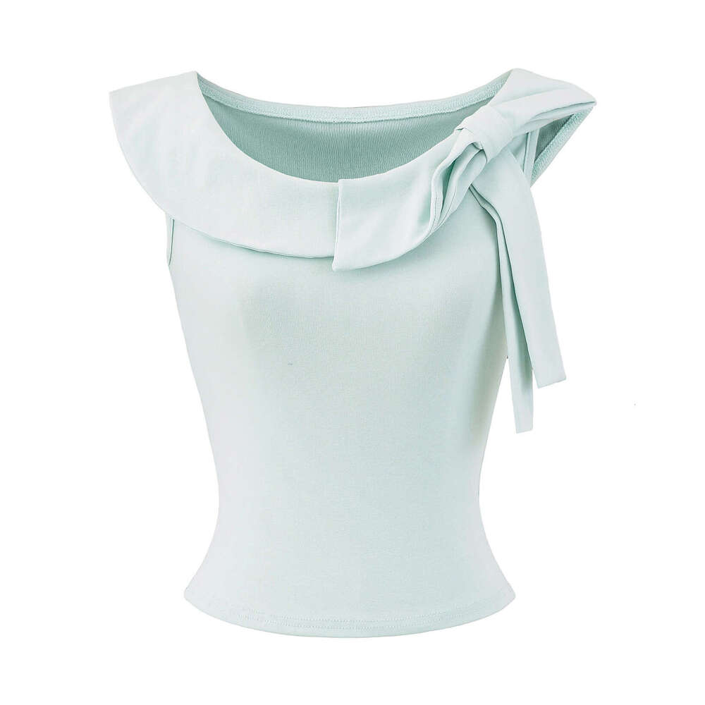 DHEssentials Summer New French Style Sweet Little Girl Three-Way Bowknot Off-Shoulder Short Sleeve T-Shirt