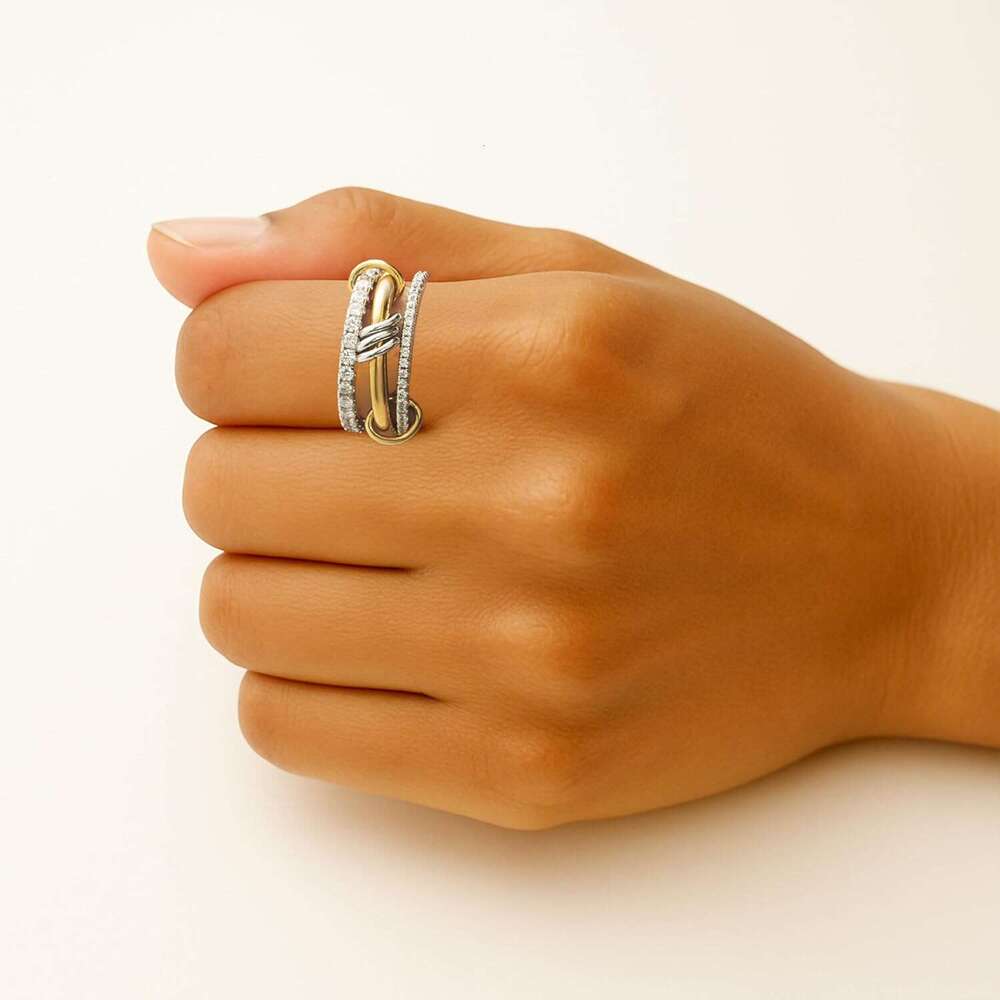 Stackable for Women Non Tarnish,Dainty Plated CZ Cubic Zirconia Rings,Sier and Gold Set,Multi-Link Connected Rings