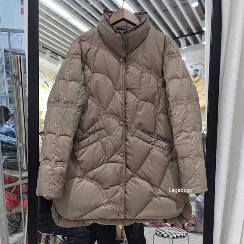 Lagabogy 2025 Mid-Long Puffer Jacket Winter Women Simple White Duck Down Coat Stand Collar Parka Female Single Breasted Outwear