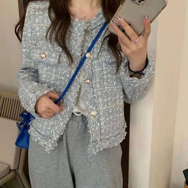 HMA New Fashion Korean Chic Vintage Tweed Woolen Jacket Coat Women Autumn Single Breasted Plaid Tassel Office Lady Outwear