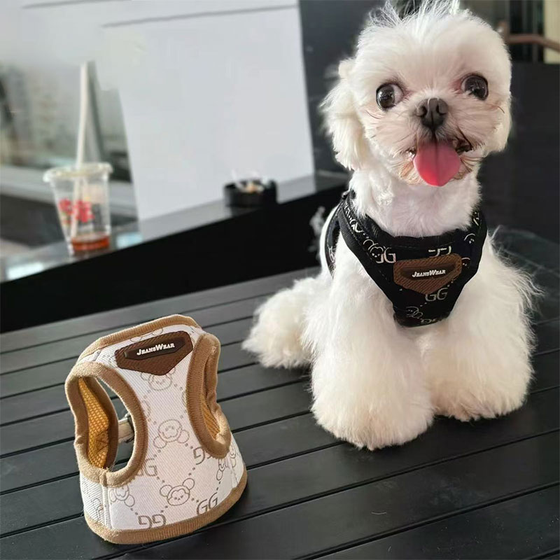 Luxury Pet dog chest harness collar suit leather trendy brand French bulldog Corgi Schnauzer traction rope chest vest cat three-piece set