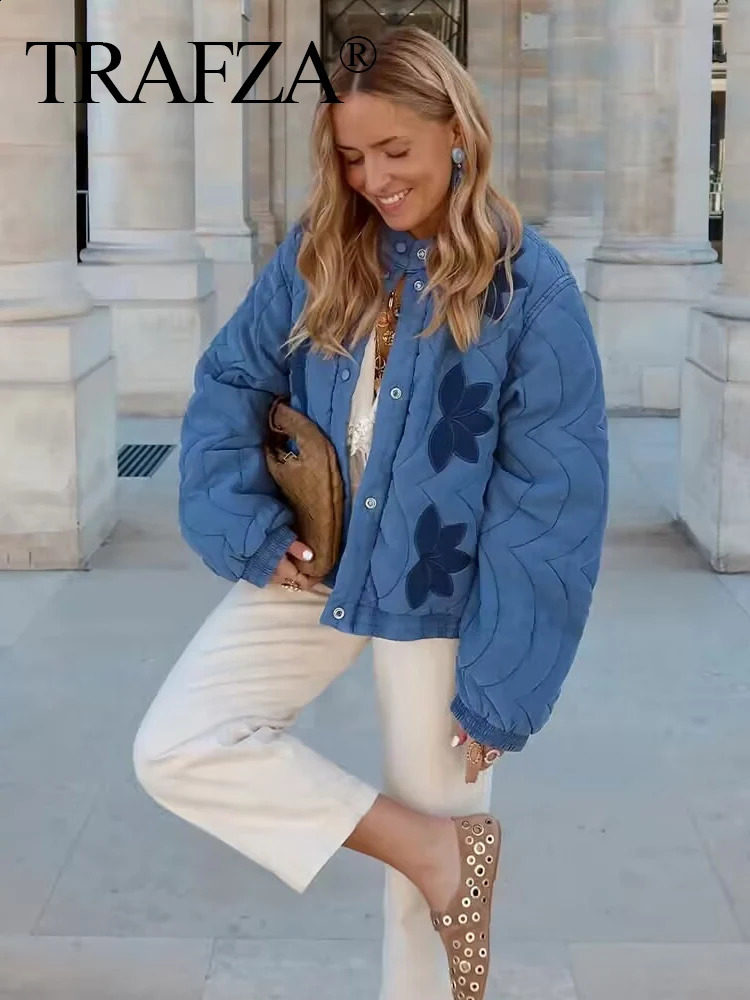 TRAFZA Fashion Women Quilted Cotton Jacket Autumn Female Long Sleeve y Padded Short Coats Lady High Street Outwear 250923