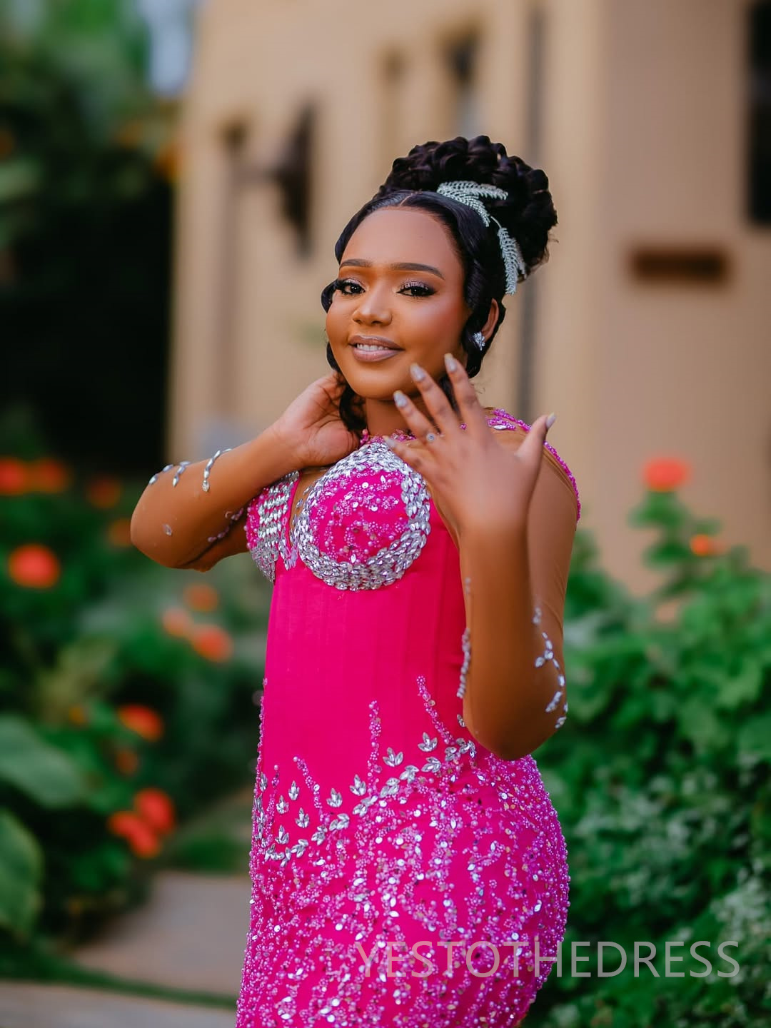 2025 Mermaid Plus Size Fuchsia Prom Dresses For Black Women Evening Dresses Formal Gowns Long Sleeves Beaded Lace Birthday Dress Second Reception Gown
