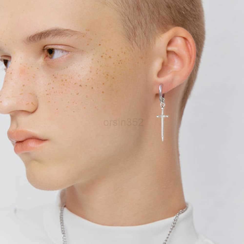 Clip on Dagger Sword Minimalist Dangle Drop Small Hoop Earrings for Men Women Boys Non Pierced Ear 316L Stainless Steel Charms Fake Huggie Hoops Carti