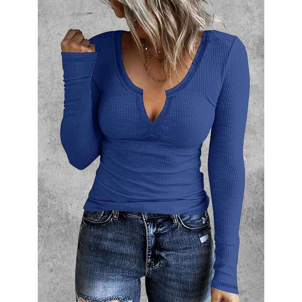 Ribbed Solid Notch Neck T-Shirt, Casual Long Sleeve Top For Spring & Fall, Women's Clothing