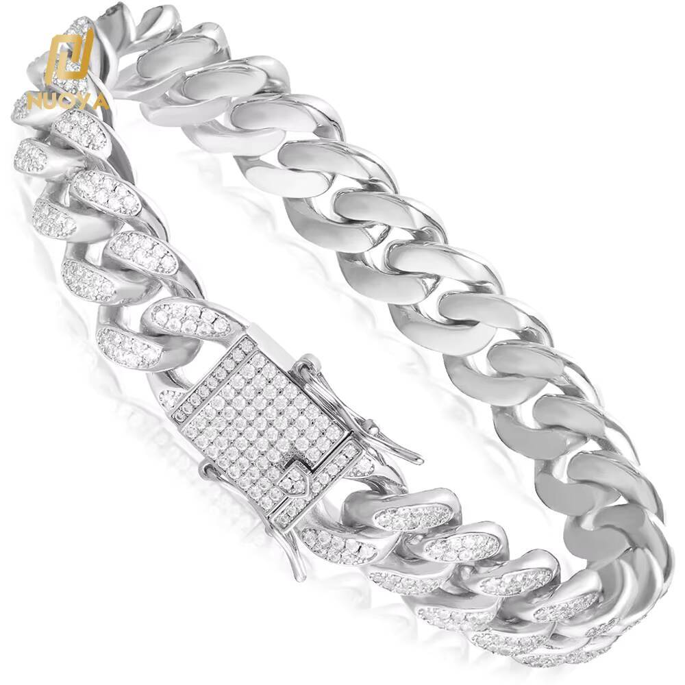NUOYA High Quality 12mm Iced Out Zircon Cuban Link Chain Necklace White Gold Plated Customizable Cuban Chain Hip Hop Jewelry