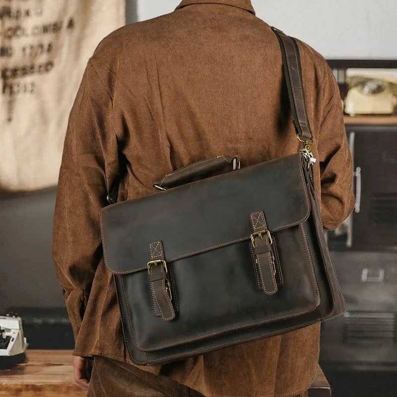 Vintage Crazy Horse Leather Men Briefcase Work Business Laptop Bag Shoulder Messenger Bag Male Tote Handbag Bolsos Para Hombre Z250906