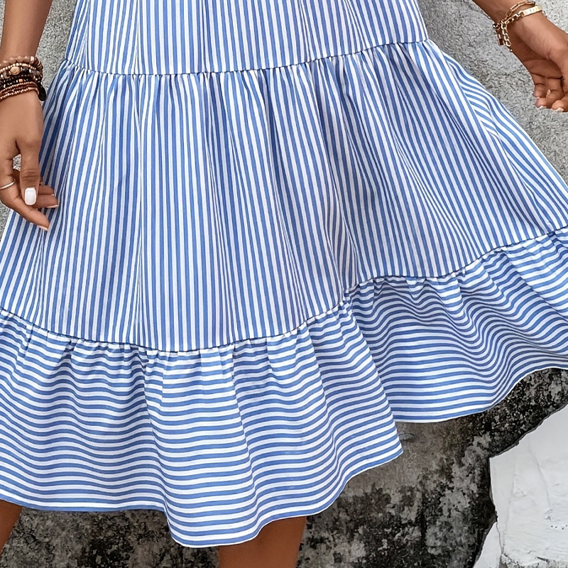 Square Collar Strapback Maxi Dress with Stripe Design & Flattering Waistline Cut