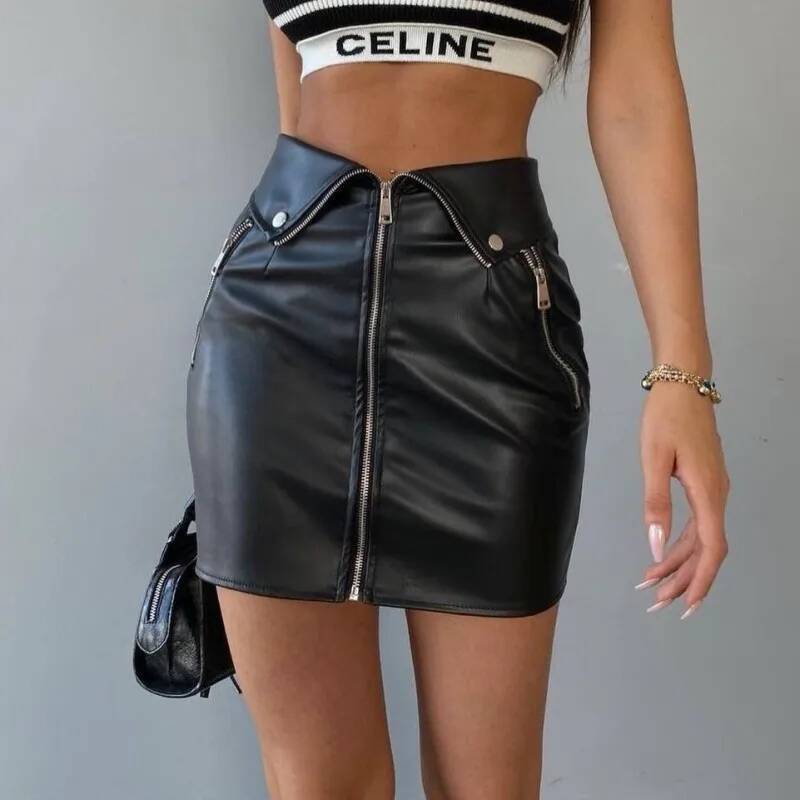 Candyhot Sexy Y2K PU Leather Zipper Casual Skirt Chic Multi Zip Fashion Slim Hip Skirts Summer Club Party High-waist Mini Dress dongdumaoyi