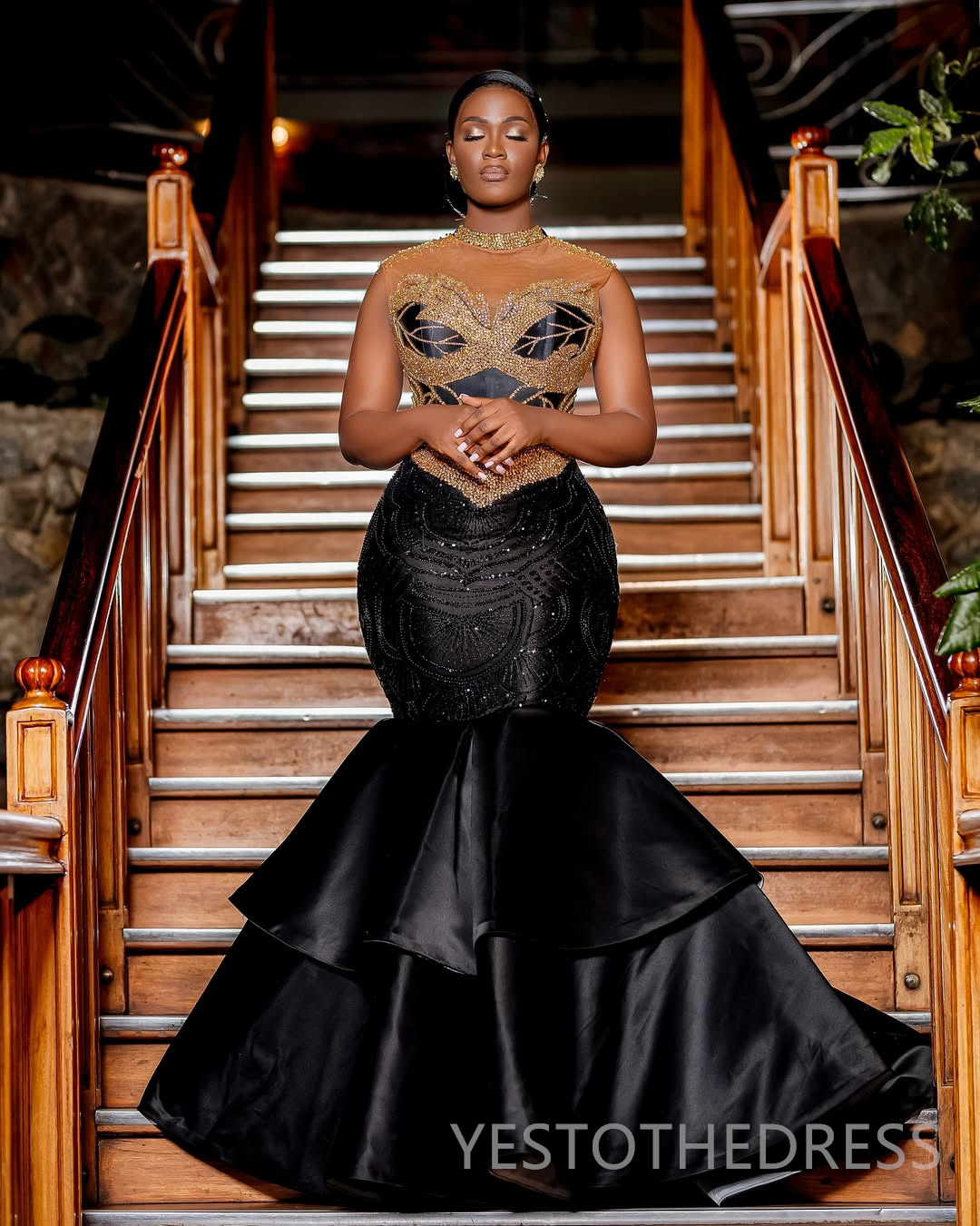 2025 Mermaid Black Prom Dresses For Black Women Evening Dresses Formal Gowns High Neck Beaded Crystals Birthday Dress Second Reception Gown AM2848