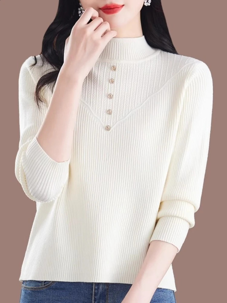 Button Pull Femme Sweater Jumpers Sweaters Autumn Winter Pullovers Women Warm Thick High Collar Knitwears 250911