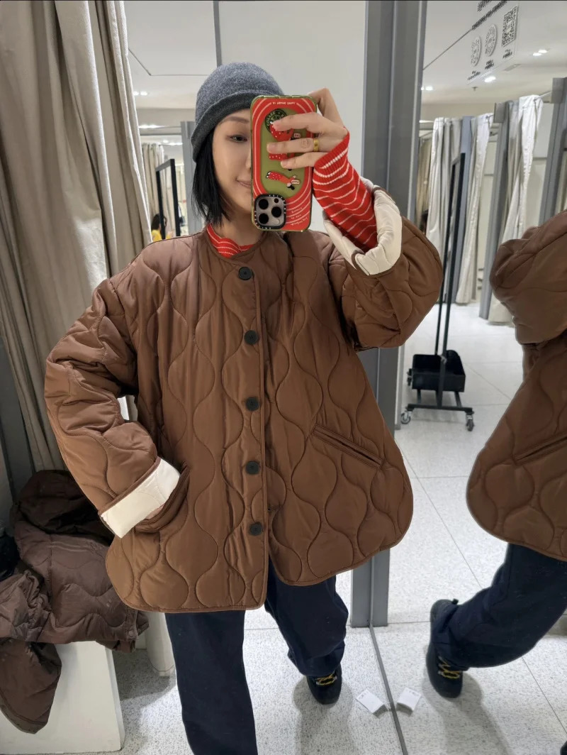 ETJ TRAF womens Autumnwinter Maillard brown light quilted diamond jacket loose version of the round neck coat 250911