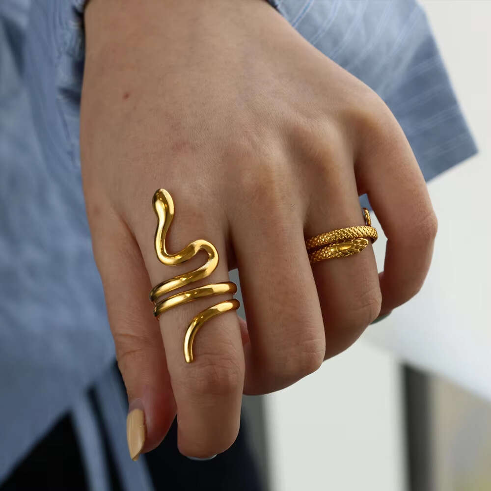 Stainless Steel Snake Gold Plated Open Ring Gothic Punk Style Animal Exaggerated Jewelry