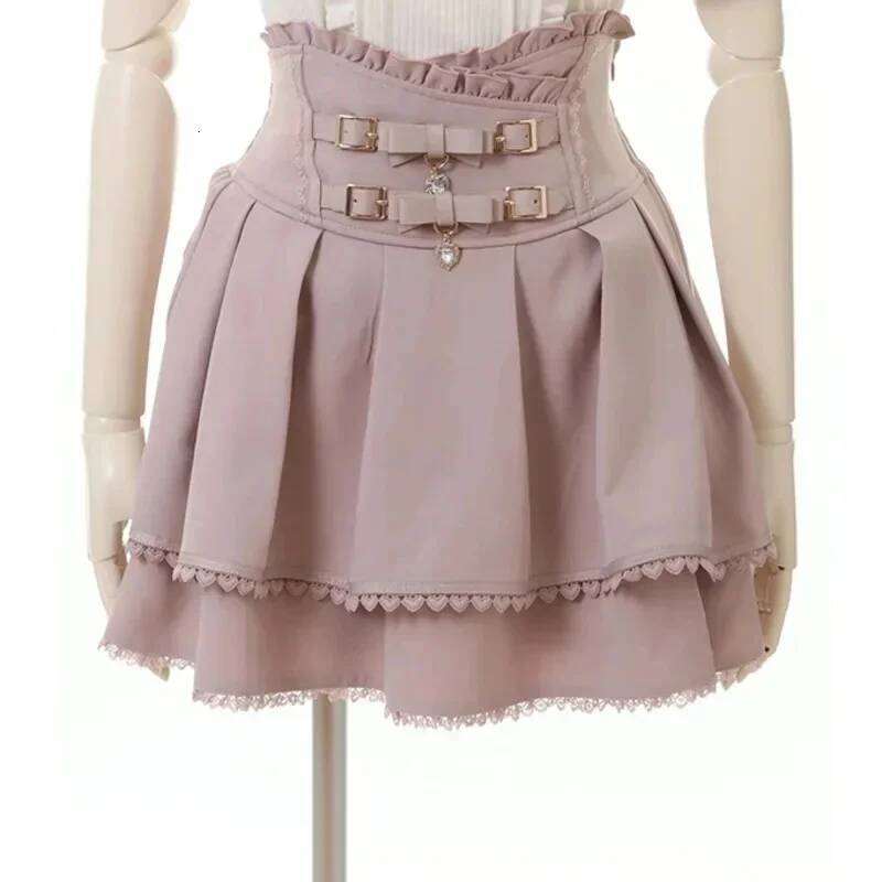 Japan Style High Waist Pleated Bow Knot Design Mini Kawaii Slim Fit A-line Pink Lace Skirts For Women dongdumaoyi