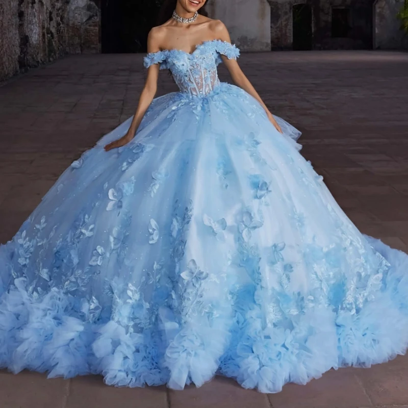 Sky Blue Quinceanera Dresses Ball Gown Off The Shoulder Applique Flower Bow Beads Tull Tiered Party Birthday Sweet 16 Dress Vestidos 15 De Anos