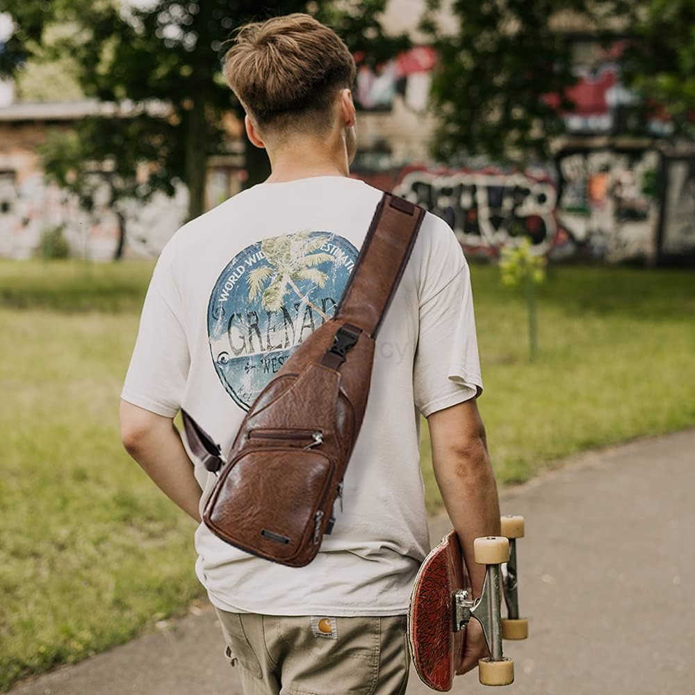 Leather Sling Bag Mens Crossbody Bag Chest Bag Sling Backpack for Men with USB Charge PortW250911