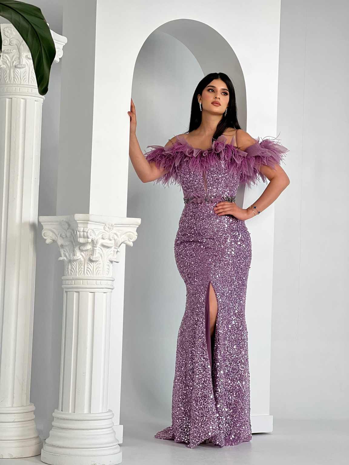 Glitter Ligh Purple Prom Evening Dresses Luxury Feathers Sequin Party Dress For Special Occasions Mermaid Lilac Porm Gonws Customized