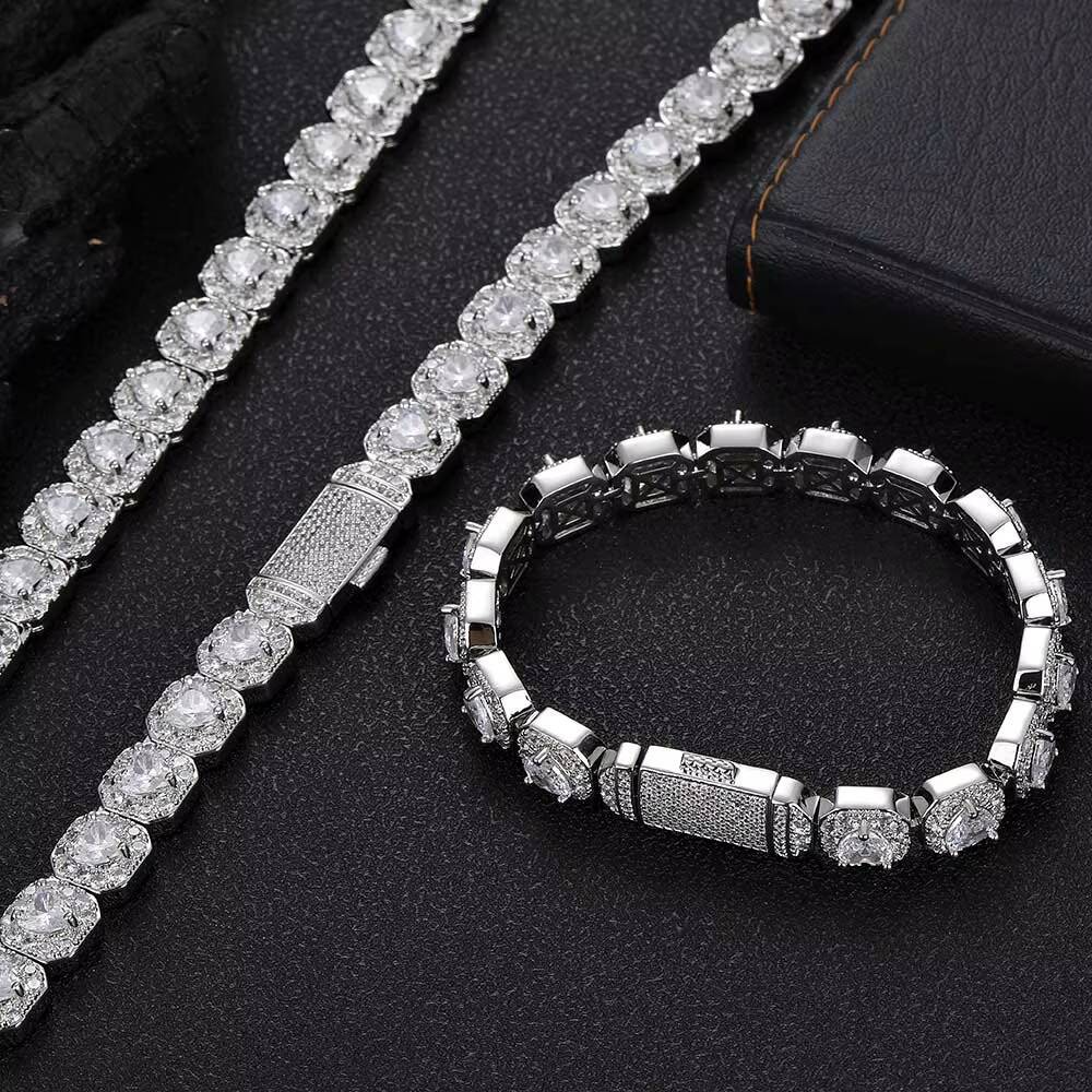 NUOYA High Quality 10mm Iced Out Heart Shape CZ Diamond Chain Jewelry for Women 18k Gold Plated Cluster Tennis Bracelet