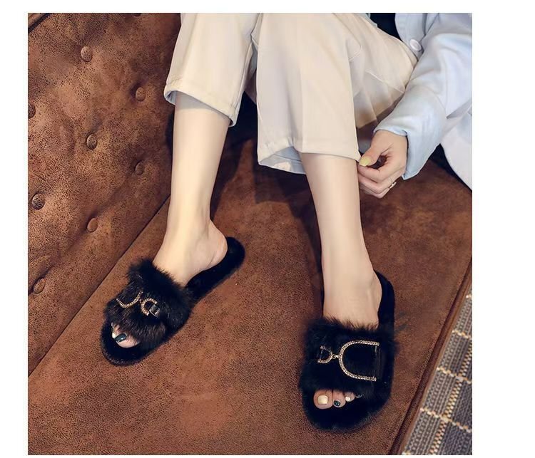 Rabbit fur plush women's slippers for outdoor wear autumn and winter new designer shoes home fairy flat cotton slippers lazy slippers