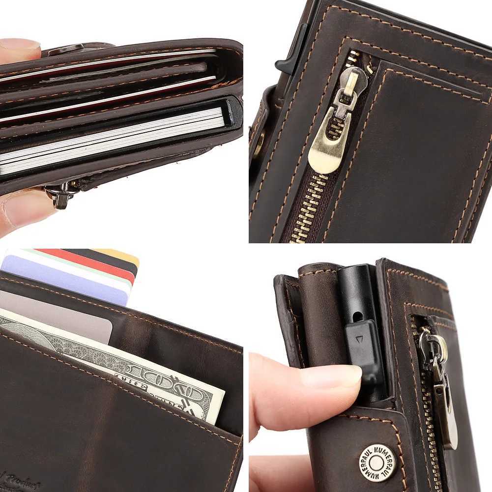 Cowhide Leather Mens Wallet RFID Blocking Protect Cardholder Automatic Card Case for Women with Apple AirTag Holder W250911