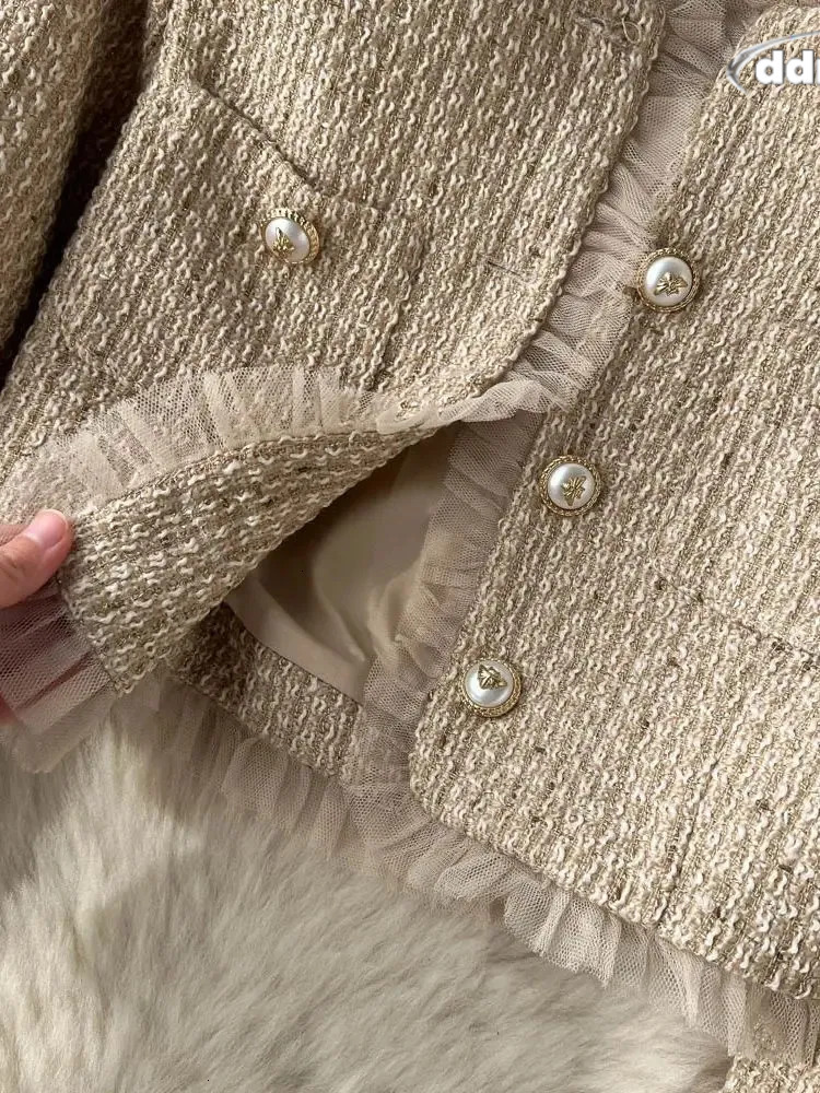 Autumn Spaghetti Strap Woolen Patchwork Mesh Tulles Midi Dress Short Tweed Jacket Coat For Women 2 Pieces Set Outfits 240708 TUES