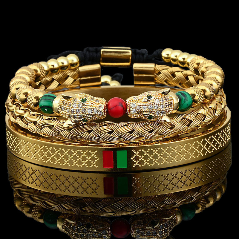 Luxury Brand Designer Jewelry Stainless Steel Double Leopard Head Natural Stone Braided Bracelet Fashion C-Shaped Titanium Steel Bracelet Set for Wome
