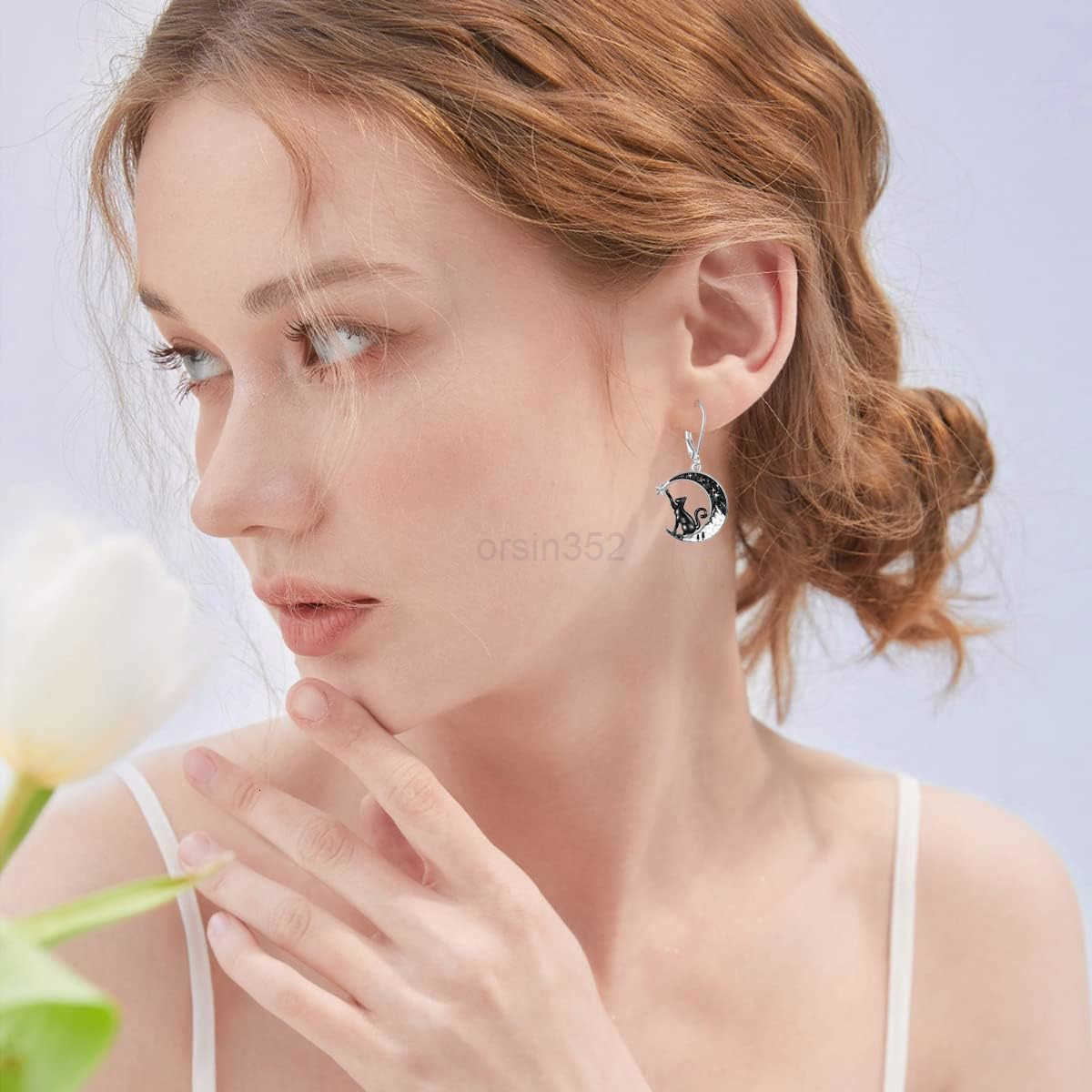 Black Cat4th of JulyBatSpiderPumpkinWolfBunnySun and MoonTurtleRaven 925 Sterling Silver Leverback Dangle Earrings Moon Gothic Christmas Earrings JeW2