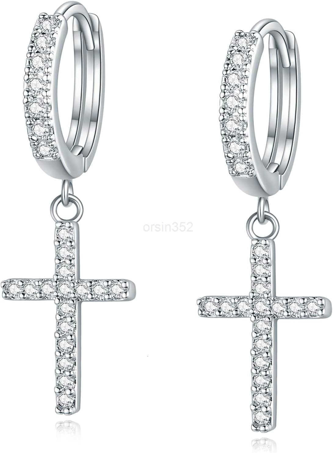 14K Gold Plated Drop Dangle Cross Hoop Earrings Trendy Gold Cross Earrings for Women Small CZ Huggie Hoops Dangling Diamond Cross Earrings for Men Hyp