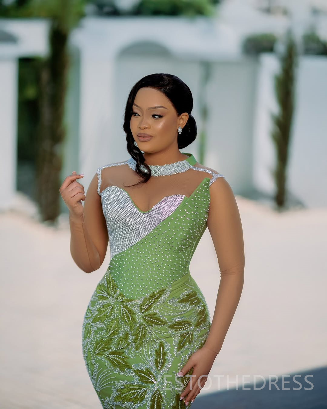 2025 Mermaid Mint Prom Dresses For Black Women Evening Dresses Formal Gowns High Neck Beaded 3D Lace Illusion Crystals Birthday Dress Second Reception