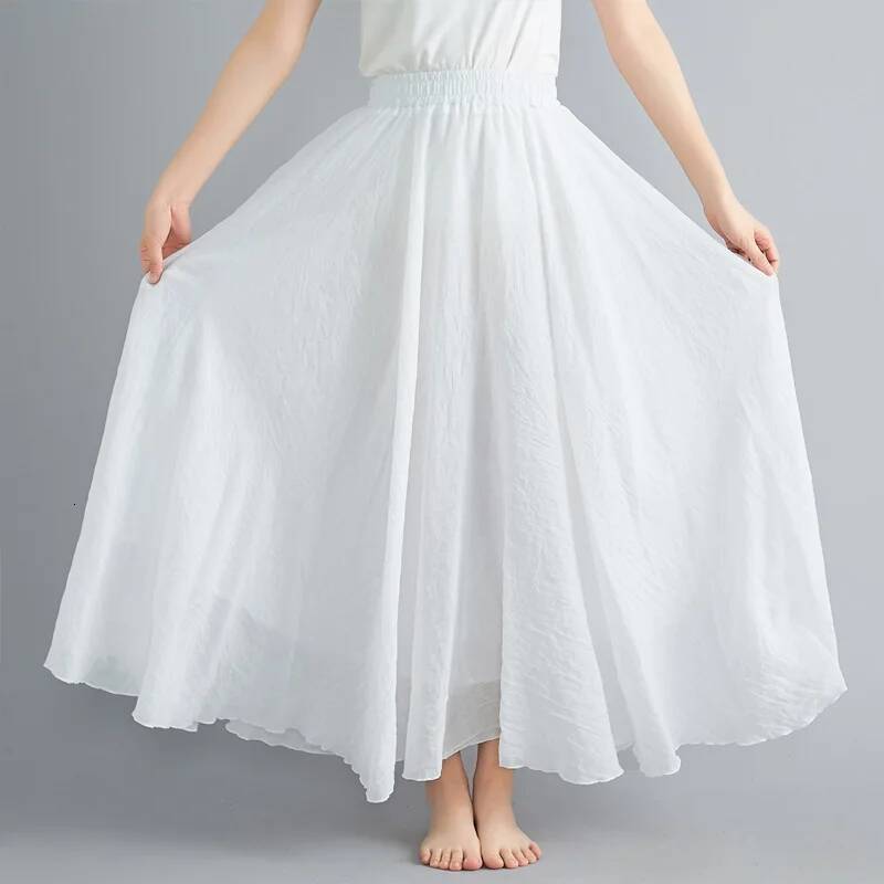 28-Color Mori Girl Literary Cotton Linen Dress Elastic Waist A-line Expansion Skirt Solid Color Ethnic Style Women Long Skirts dongdumaoyi