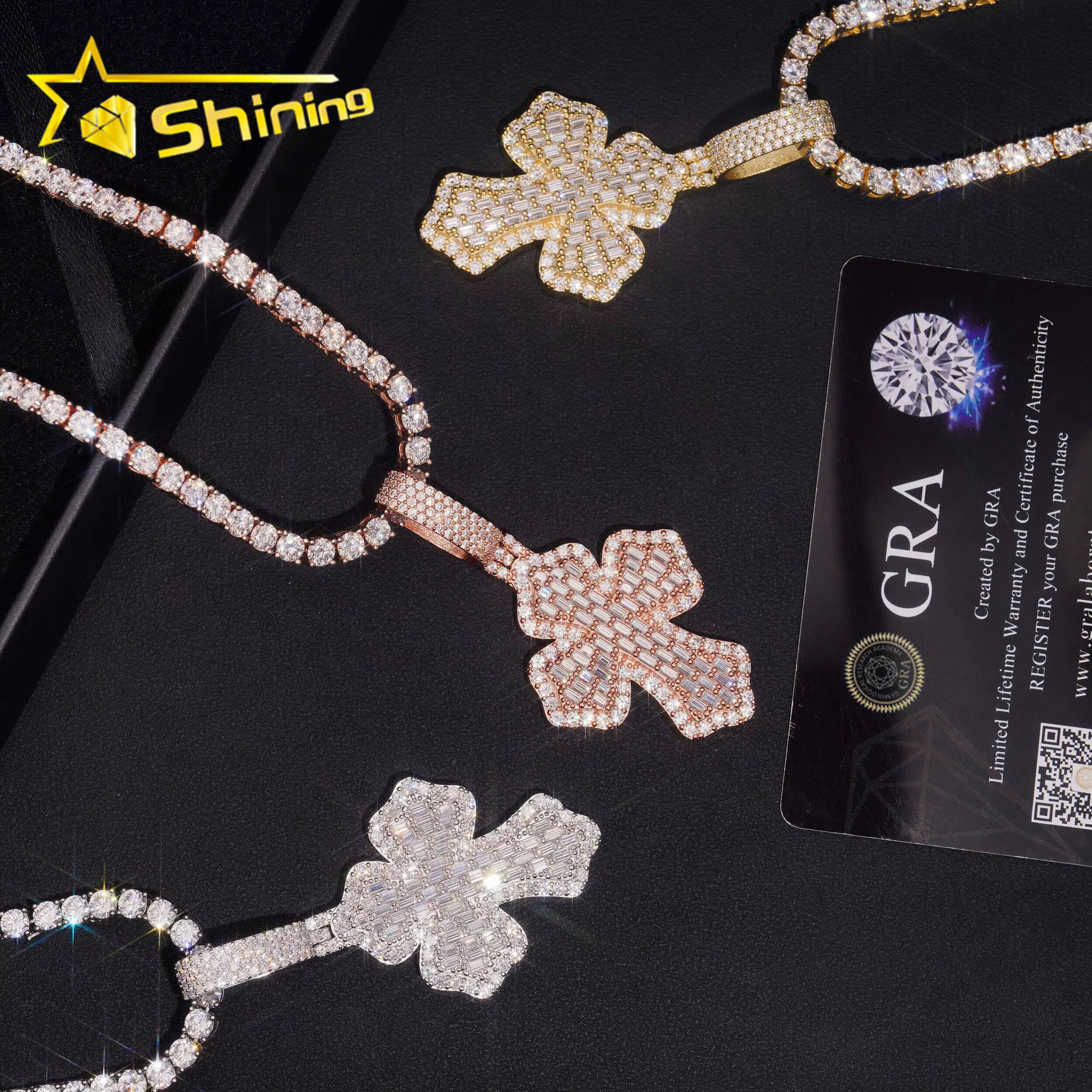 Factory Wholesale Price Hip Hop Jewelry 925 Sterling Silver D Color Men Necklace VVS Baguette Moissanite Iced Out Cross Pendant