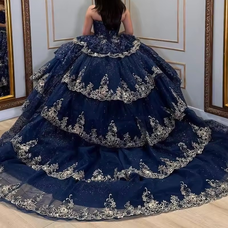 Navy Blue Shiny Beaded Quinceanera Dresses Ball Gown Appliques Lace Beads Party Birthday Sweet 16 Dress Vestidos De 15 Anos