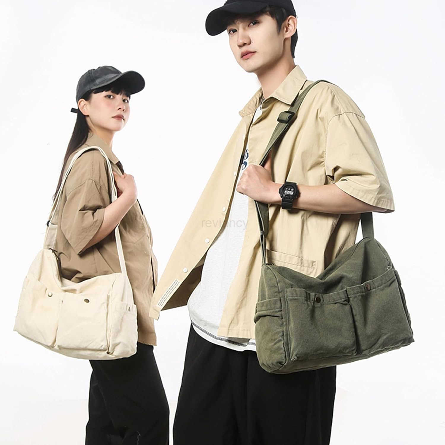 Canvas Messenger Bag Cute Crossbody Tote Bag Shoulder for Women Men for School Aesthetic Hobo with Multiple PocketsW250911