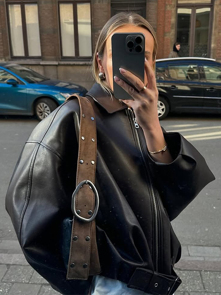 Vintage Women's Zipper Leather Jackets Belt Loose Lapel Long Sleeve Pockets Solid Coats Female 2025 Autumn Moto Biker Outwear