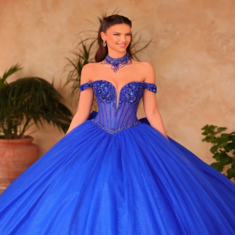 Royal Blue Shiny Quinceanera Dresses Ball Gown Off The Shoulder Beads Tull Bow Party Birthday Sweet 16 Dress Vestidos 15 De Anos
