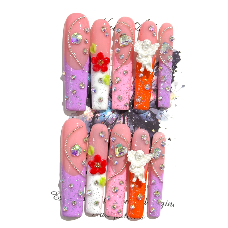 Fake nails, pink flower angel diamonds, hand drawn, trendy and fashionable, European and American Instagram style, extra long, handmade