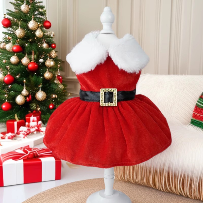 Christmas Dog Dresses with Velvet Fabric & Lamb Wool Collar For Small Dogs Clothes Christmas Cosplay Cat Pet Dog Dress Fancy Princess Puppy Dress for 