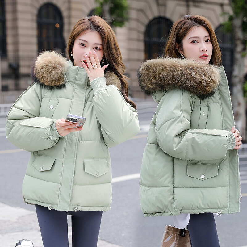 New Women's Down Cotton with Large Fur Collar, Slim Fit Puffer Coat, Thickened Short Jacket